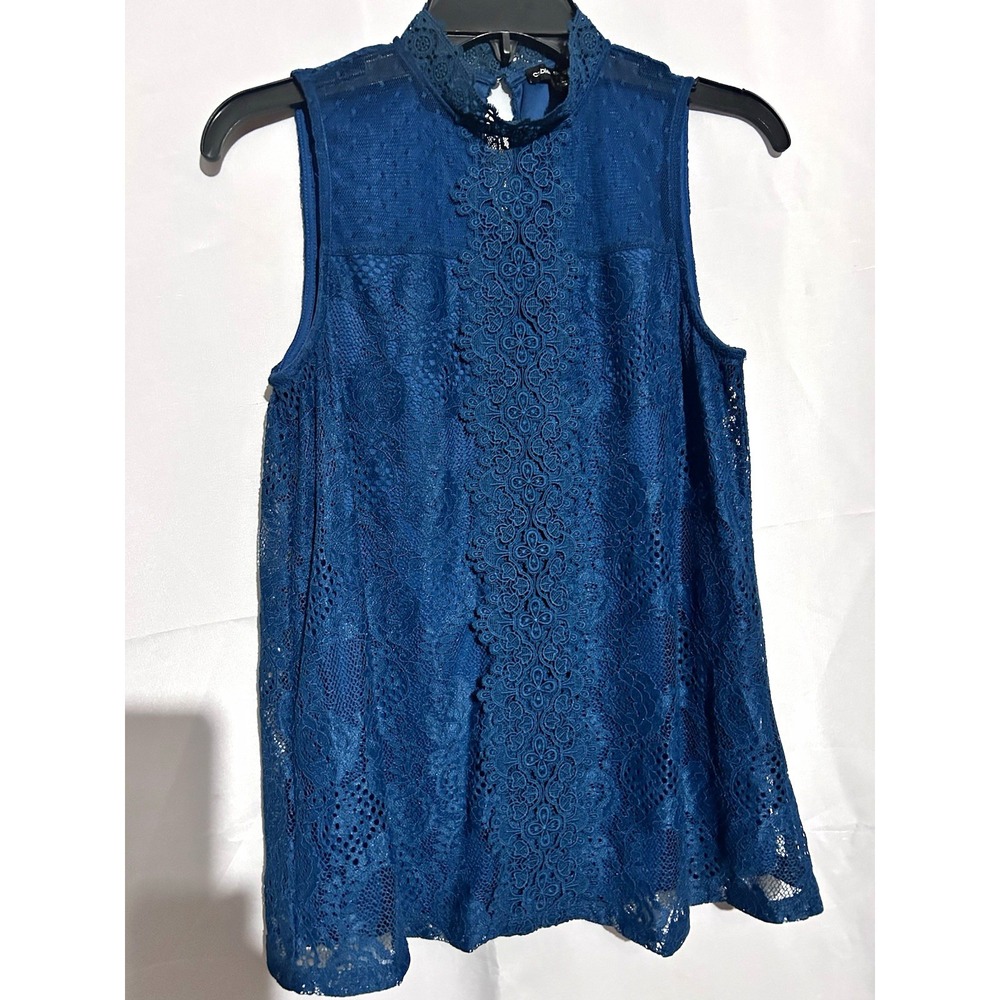 Cable & Gauge Blue Floral Lace Sheer High Neck Sleeveless Blouse Women's S